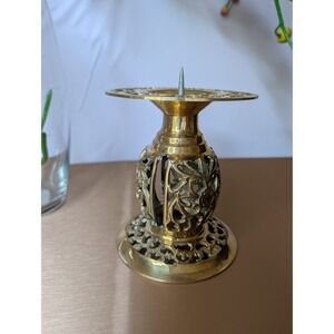 Vintage Brass Candleholder Spike‎ Floral Cutout Design Taiwan Made